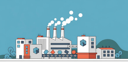 Naklejka premium Modern industrial factory complex with smoking chimneys and diverse buildings under a clear blue sky