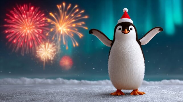Penguin wearing a Santa hat stands in front of a fireworks display. The image conveys a festive and joyful mood, as the penguin is dressed in a holiday outfit - Powered by Adobe