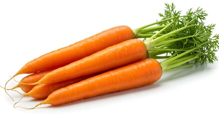 A fresh bunch of vibrant orange carrots with green leafy tops isolated on a clean white background for a healthy lifestyle.