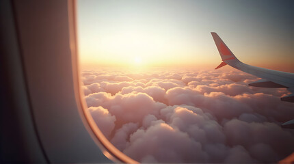Captivating aerial view from an airplane window showcases a stunning sunrise above the clouds