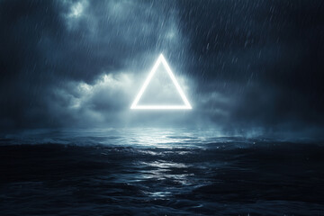 Glowing triangle floating above dark ocean waves during heavy rain at night, geometric shape illuminating stormy seascape, abstract concept blending nature and minimalism