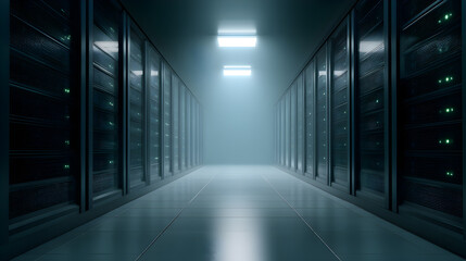 Fototapeta premium Modern data center corridor with rows of server racks illuminated by overhead lights, showcasing advanced technology and a high-tech environment for digital infrastructure