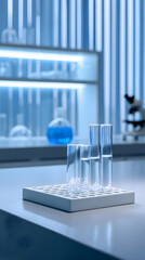 Naklejka premium Laboratory test tubes arranged on a white rack, illuminated by soft blue lighting, showcasing a clean and modern scientific workspace with glassware in the background