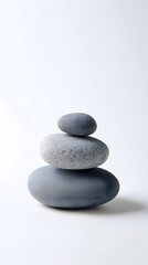 Balanced grey stones stacked vertically, symbolizing tranquility and minimalist zen design on pristine white surface, representing harmony and inner peace