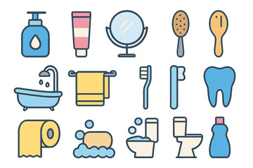 Fototapeta premium Bathroom essentials and hygiene icons set. Simple flat vector cartoon illustration of personal care items. Toiletries, dental care, cleaning products and morning routine.