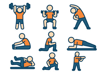 Exercise and stretching icon set. Man doing fitness workout. Vector pictograms for gym training, weightlifting, squat, lunge, plank. Healthy lifestyle sport symbols.