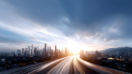 Fototapeta premium Urban skyline at sunset with dramatic clouds, showcasing a bustling cityscape and light trails from vehicles on a highway, capturing the essence of modern urban life and movement