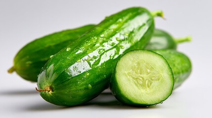 Cucumber is cut in half and is sitting on a white surface. The cucumber is green and has a shiny surface