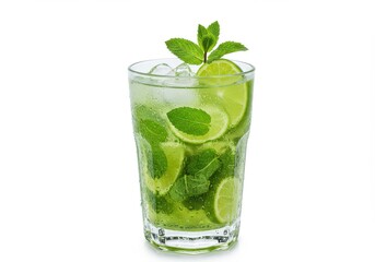 Refreshing mojito cocktail in a glass, featuring vibrant lime slices and fresh mint leaves.
