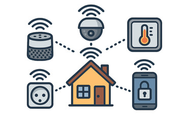 Smart home technology vector concept. Internet of Things (IoT) automation system. Connected devices for security and control. House with camera, thermostat, and speaker icons.