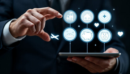 Close-up of businessman holding tablet with floating insurance icons.