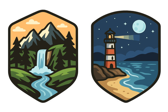 Vector emblem set with mountain waterfall and lighthouse at night. Outdoor travel adventure concept. Day and night nature scenes. Hiking landscape and coastal navigation logo.