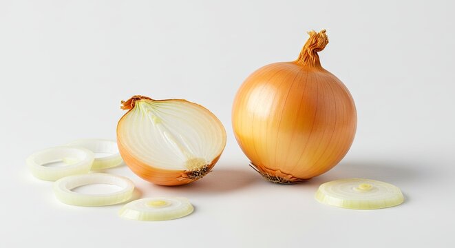 Two yellow onions one halved with several sliced rings spread on a white surface - Powered by Adobe