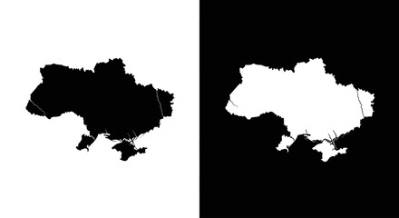 A map silhouette of Ukraine, a black and white icon for Ukrainian geography, national identity, and travel.