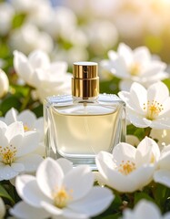 Perfume bottle surrounded by white flowers