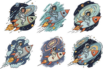 Cartoon astronauts flying rockets through colorful space galaxies, cosmic stars, planets and galaxies in whimsical children’s space adventure illustration