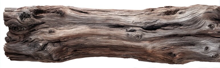 Weathered log lies horizontally, showcasing gnarly wood grain patterns and organic shapes against a bright, white backdrop
