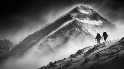 Hikers Climbing Snowy Mountain Peak in Misty Landscape