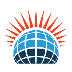 Blue globe with orange sun rays on white background earth world