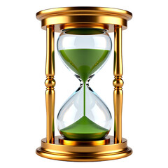 An elegant golden hourglass with shimmering green sand meticulously flowing, symbolizing the countdown for environmental action, the value of nature, and sustainable growth concepts