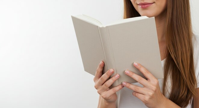 Woman reading a book holding the open book with both hands a white background