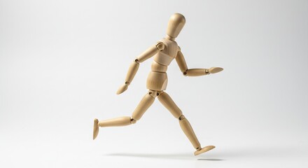 Wooden mannequin posed in a running position against a white background