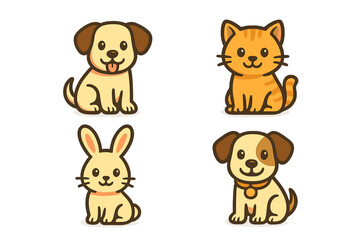 Obraz premium Set of cute cartoon pets. Kawaii dog, cat, rabbit characters. Vector illustration collection of puppy, kitten, bunny mascots. Simple flat animal icons for kids or pet shop.