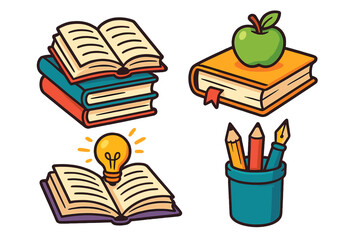 Education and reading icon set. School books, apple, pencils, and light bulb idea symbol. Vector cartoon illustration for learning, knowledge, literature, and creativity concept.