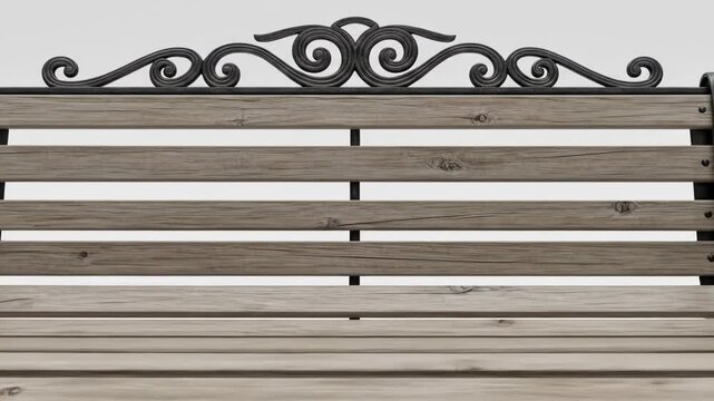 A detailed image of a park bench featuring wooden planks and decorative wrought iron detailing on the backrest and frame against a plain background