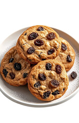 Close-up of crunchy homemade raisin cookies with nuts served on a white against isolated background, simple food styling