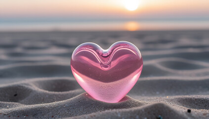 Fototapeta premium Glowing Pink Glass Heart in Sand with Sunset Horizon