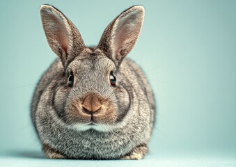 Obraz premium Frontal portrait of a soft, grey rabbit against a teal background. The rabbit has tall ears and a sweet, round face