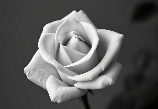 A hand holds a delicate white rose against a dark background, its petals beautifully detailed in a timeless black and white photo
