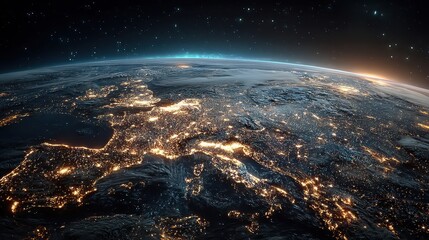 Fototapeta premium Planet earth from space shows city lights and sunrise over the horizon during a dark night