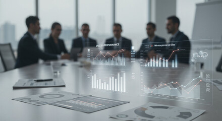 Close-up of office table with digital sales charts in professional meeting.