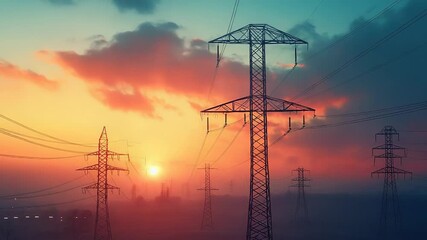 Electricity pylons and power lines at sunset in misty landscape - Powered by Adobe