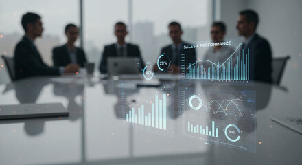 Close-up of office table with digital sales charts in professional meeting.