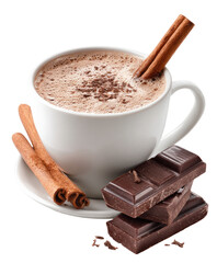 Creamy hot chocolate in white mug, cinnamon sticks, and dark chocolate