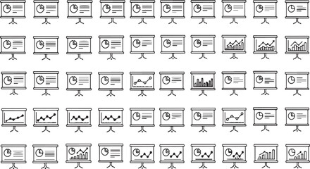 Collection of hand drawn business presentation slides showing charts and graphs for finance and data analysis vector