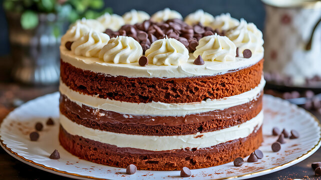 Delicious homemade three-layer chocolate cake with creamy white frosting, elegantly decorated with piped swirls and chocolate chips on a rustic plate