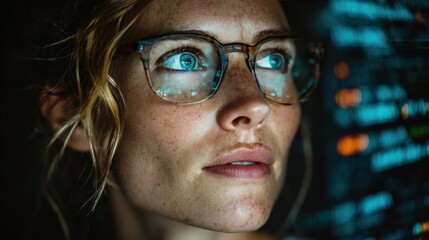 Close-up of a woman in glasses, eyes reflecting digital code, looking intently