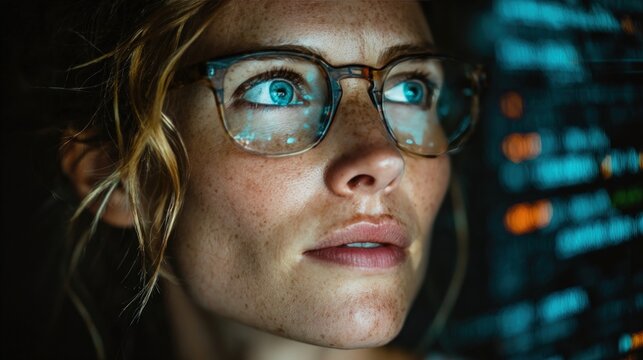 Close-up of a woman in glasses, eyes reflecting digital code, looking intently