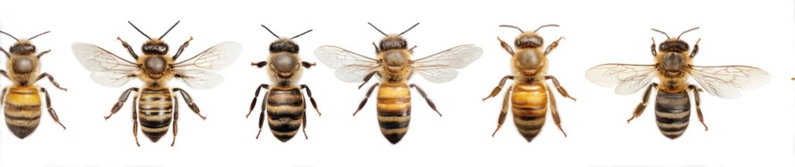 Fototapeta premium Isolated studio shot presents a collection of six detailed honeybees, varying slightly in color and wing position against a stark white background