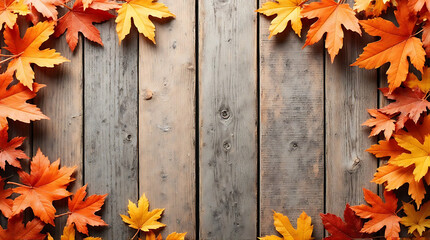 Obraz premium Autumnal harmony: maple leaves framing rustic wooden planks evoking seasonal warmth