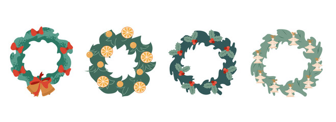 Collection of four decorative Christmas wreaths with bows, oranges, holly berries, and angels. Perfect for holiday design and seasonal projects.