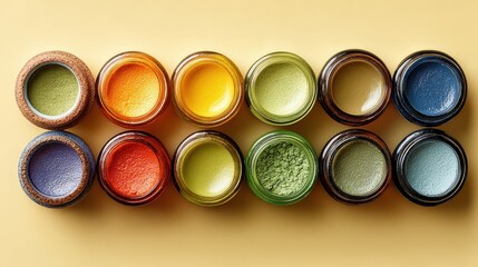 Assorted cosmetic colorful pigment powders in jars, lined up against a clean yellow background, studio shot, top view