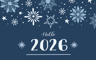 Festive horisontal New Year 2026 banner with snowflakes and stars on dark blue background. Perfect for holiday greetings, cards, and seasonal design projects.