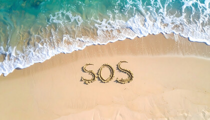 Aerial view of a sandy beach with ocean waves and the word "SOS" written in the sand.