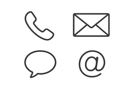 Contact us icons set. Communication methods symbols collection. Phone, email, message, and address signs. Simple vector line art for web and business. Minimalist pictogram outline.