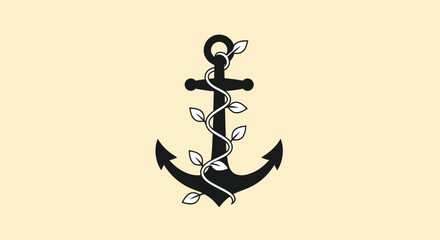Black anchor entwined with a growing green vine and delicate leaves.